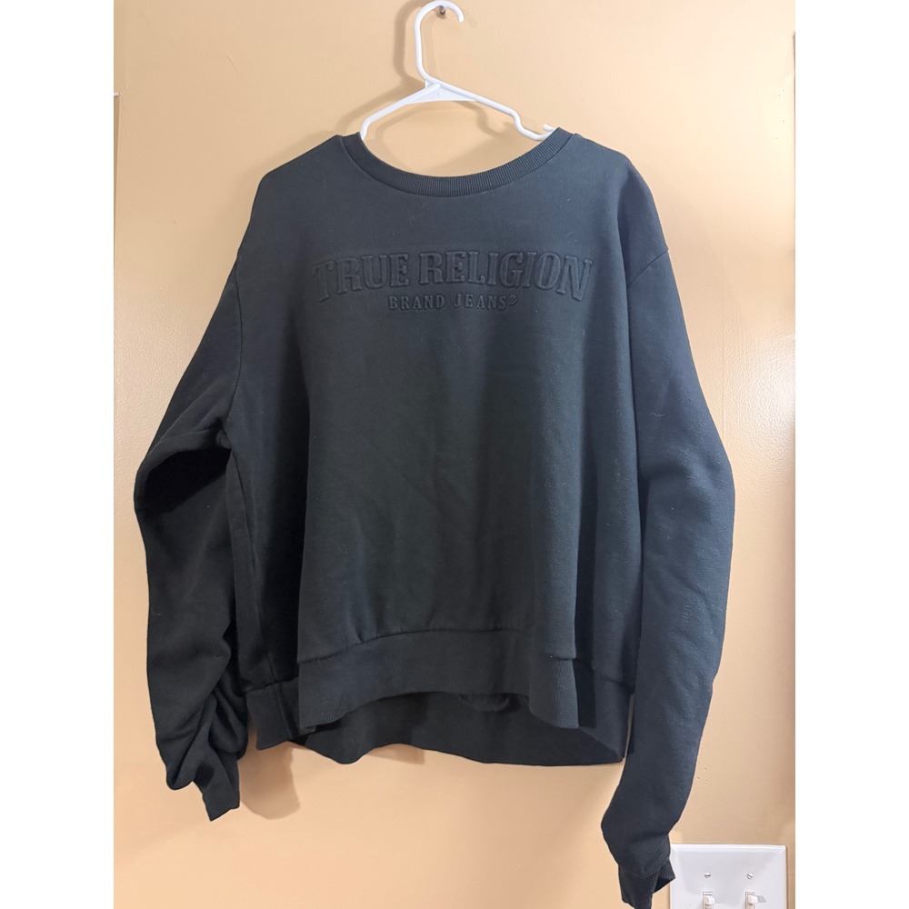True Religion 3XL Black Crewneck Sweatshirt Embossed Logo Oversized Mens